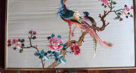 包邮英国回流古董花鸟刺绣画挂件 “春光明媚...