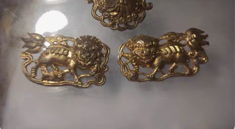 清代民国苏工，银鎏金狮子绣球一对，题材好，...