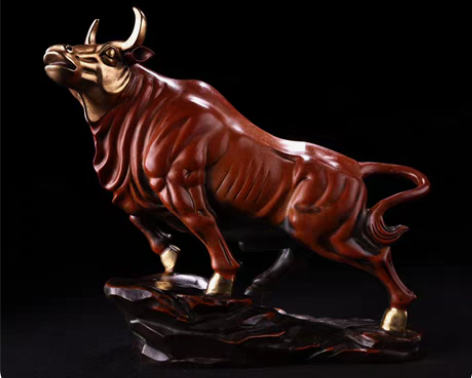 包邮珍品旧藏纯铜高浮雕錾刻鎏金旺财牛  牛...