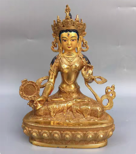 包邮古玩精品铜鎏金画脸度母佛像莲花台坐佛旧...