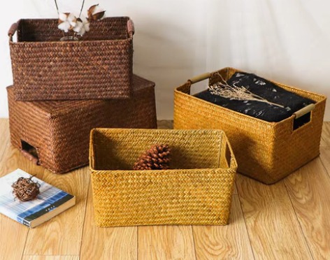 转卖日式藤编收纳筐家用竹编海草桌面杂物收纳...
