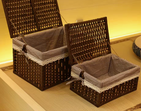 转卖藤编编织竹编收纳筐带盖储物篮桌面收纳盒...