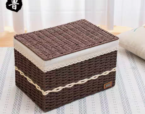 转卖奇鲁编织收纳筐带盖草编收纳箱藤编桌面收...