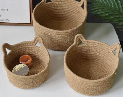 包邮收纳筐批发棉线篮编织筐藤编猫耳圆形网红...