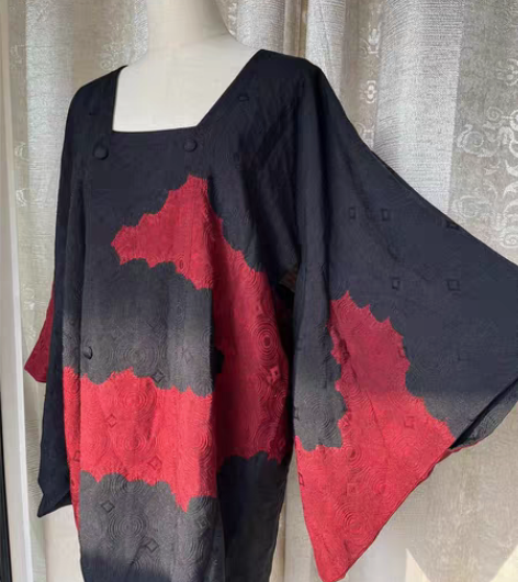 红与黑正绢古董辣妹浮雕扎染道行和服 日本直...