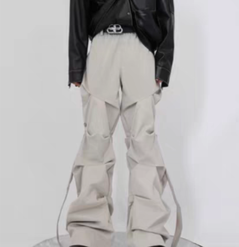 Culture小众褶皱侧面纽扣设计工装裤高...