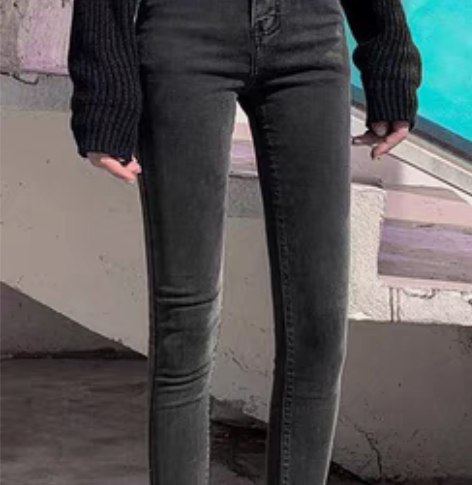 高腰牛仔裤女2022年新款显瘦烟灰色修身紧...