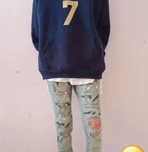 包邮amiri手工泼墨弹力牛仔裤高街破洞蓝...