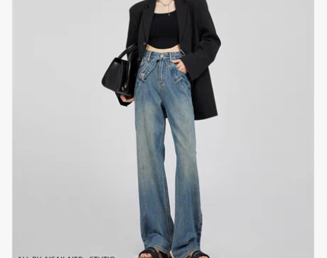 转卖设计感港风复古阔腿牛仔裤女高腰2022...