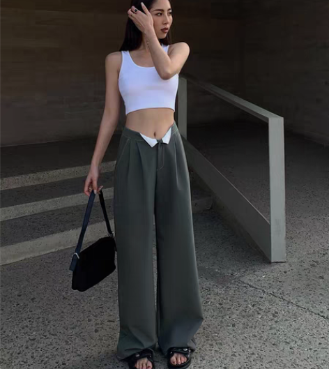 转卖NEVA HU黑色宽松阔腿裤高腰垂感新...