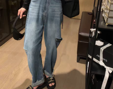 转卖女装 高腰破洞阔腿牛仔裤女小个子韩版宽...