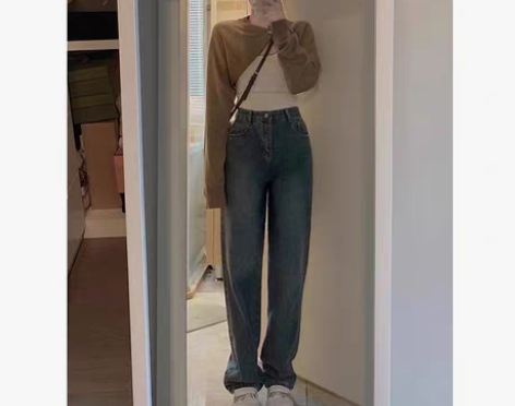 转卖复古高腰牛仔裤女高品质韩版设计感宽松百...