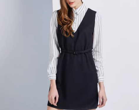 转卖简朵冬季新款V领百搭显瘦A字裙条纹长袖...