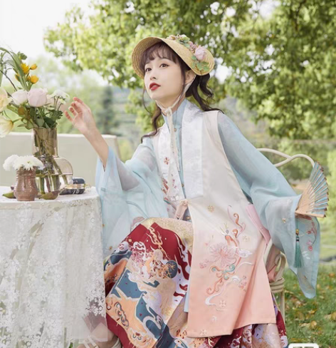 包邮七月夕 橙花仙鹿 明制绣花比甲对襟衫仿...
