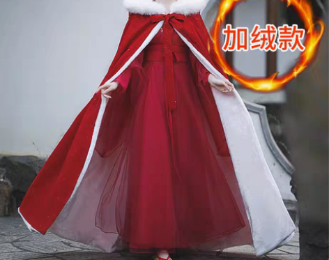 转卖红色斗篷汉服女中国风长款毛领加绒加厚披...