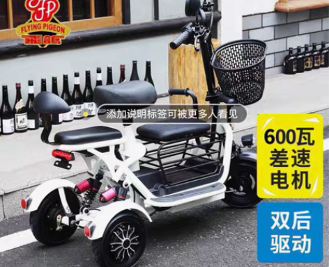 飞鸽小型电动三轮车家用轻便亲子款接女士送孩...