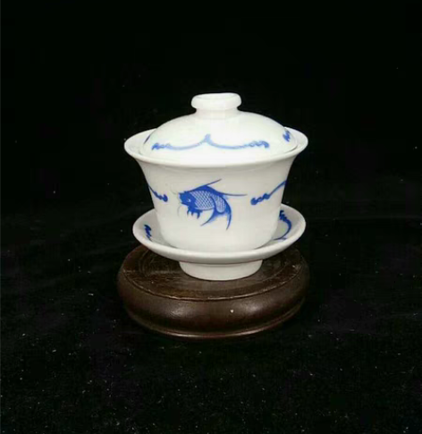 90年代原盒鱼乐图青花三才盖碗 全新，釉下...