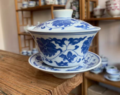 人民瓷厂生产盖碗 景德镇青花瓷老厂货三才碗...