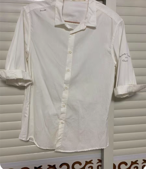 包邮男士衬衫五分袖亚麻米白色衬衣带领，左边...