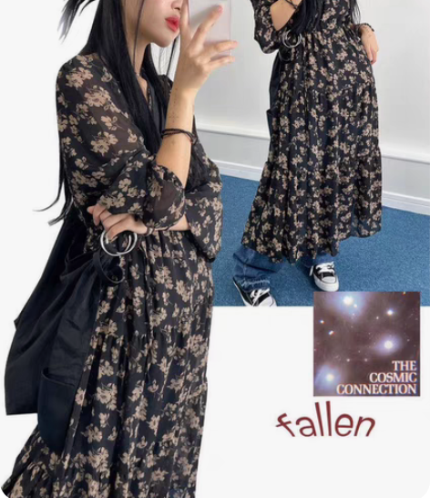 韩版秋季气质长款法式雪纺印花甜美设计感绑带...