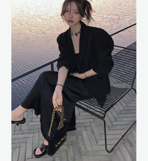 连衣裙长裙红人馆吊带女春季新款黑色高腰裙子...