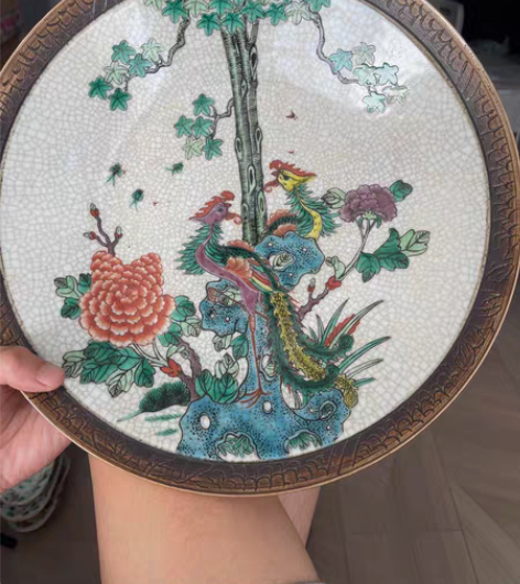 包邮晚清民国 精品哥釉五彩凤求凰大盘 33...