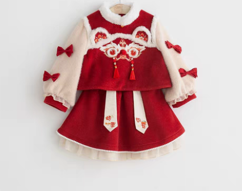 转卖汉服女童冬装宝宝中国风短裙套装小女孩喜...