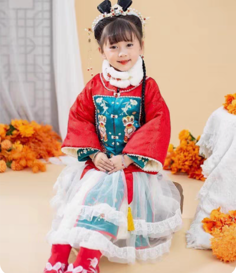 包邮全新女童汉服冬季加棉加厚儿童古装贺岁拜...