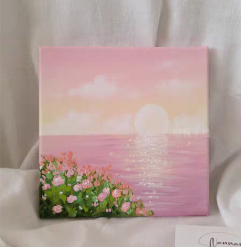 现货一副纯手绘《日出》小清新丙烯油画装饰画...