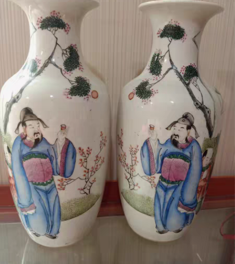 包邮乡下收获老花瓶一对，画工精细，全品无丁...