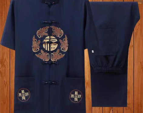 棉麻唐装男短袖套装中老年人夏装爸爸60-7...