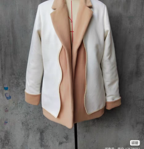 包邮服装工艺女大衣服装设计外套，拼接撞色羊...