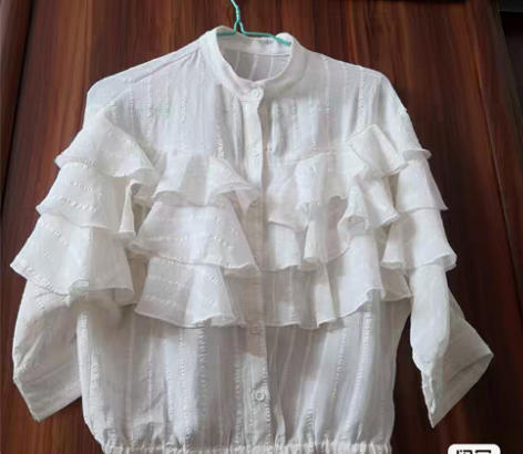 包邮雪纺白色波纹娃娃衫春秋中袖偏短款小衫，...