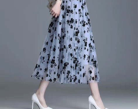 半身裙女新款百褶裙大摆网纱裙印花垂感a字裙...