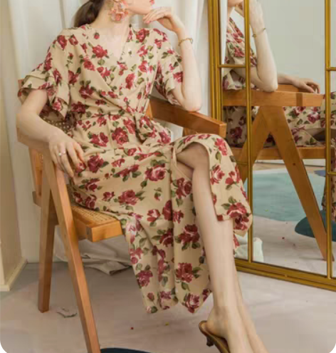 包邮相对纶/法式V领荷叶袖碎花雪纺开叉连衣...