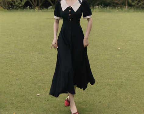 转卖黑色娃娃领赫本风裙子正式场合连衣裙夏长...