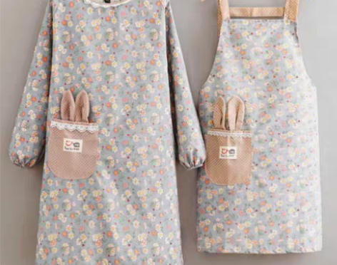 包邮可擦手长袖帆布围裙女家用厨房做饭大人罩...