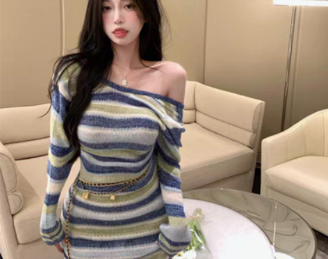 转卖欧美风辣妹性感露背条纹针织连衣裙女春季...
