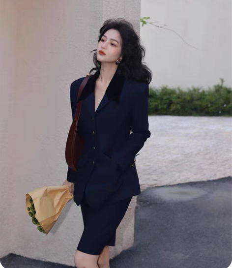 港风复古chic气质毛呢千鸟格小翻领西装裙...