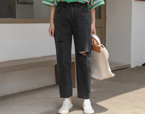 转卖小草宽松定制胖mm微胖高腰炸街破洞牛仔...