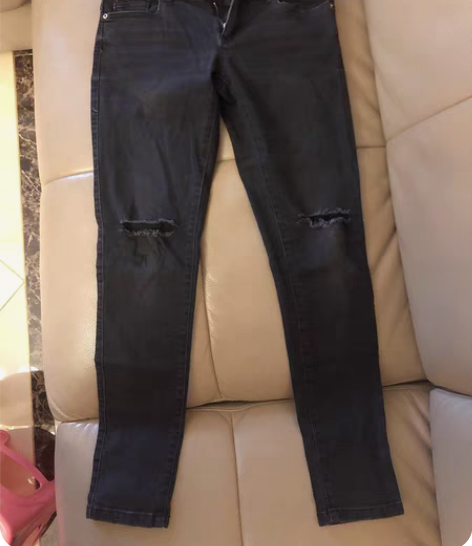 包邮zara国外带回炭黑色牛仔裤膝盖破洞时...