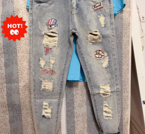 包邮破洞浅色牛仔裤女哈伦裤28码小脚裤九分...