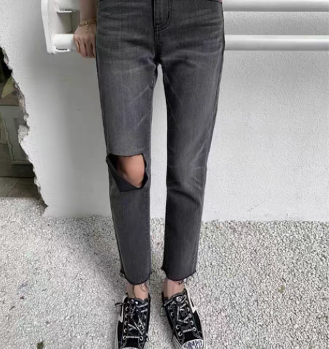 包邮熊猫京京/经典好穿 复古做旧破洞牛仔长...