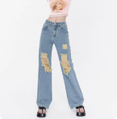 包邮WooHa/吾哈毛边破洞牛仔裤酷飒街头...