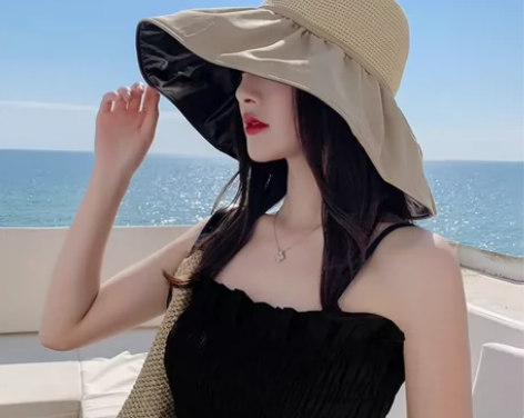 啄木鸟帽子女夏太阳帽大檐防紫外线渔夫黑胶帽...