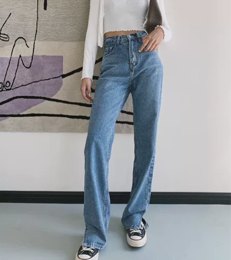 下蛋喵好质感拖地直筒显瘦蓝色开叉牛仔裤 M码