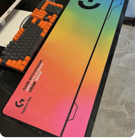 罗技鼠标垫桌垫渐变色彩虹款超大号锁边加长加...