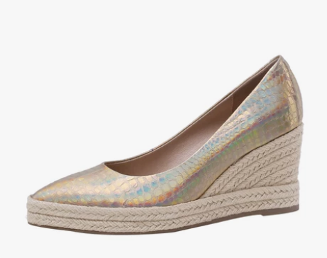 2020春季新款真皮坡跟单鞋女尖头浅口厚底...