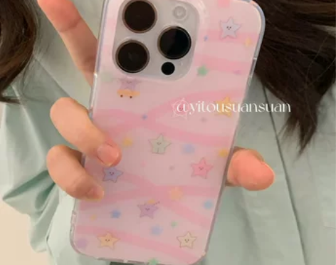 ins风甜美少女粉色小星星双层印花适用iP...
