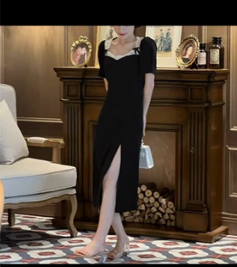 蕾丝拼接设计显瘦方领小黑裙 黑色M 来自抖...